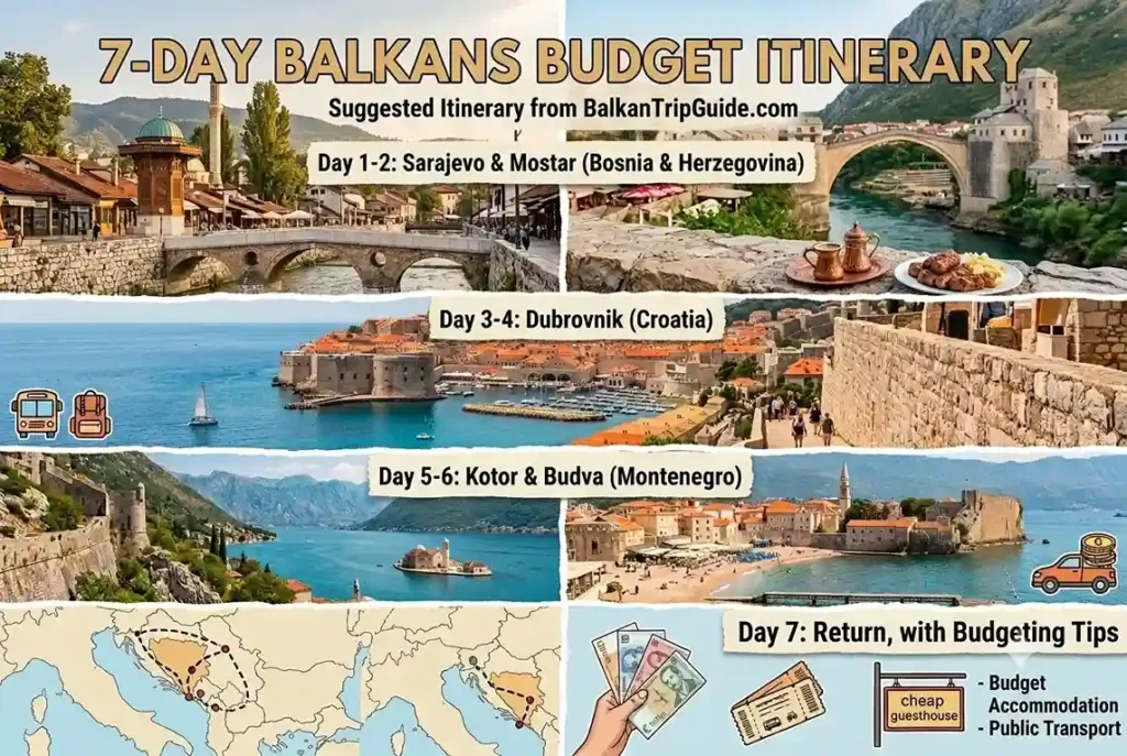 7-day budget Balkans itinerary Bosnia Montenegro