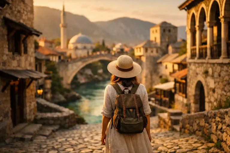 Solo female traveler with backpack exploring cobblestone streets in the Balkans at golden hour