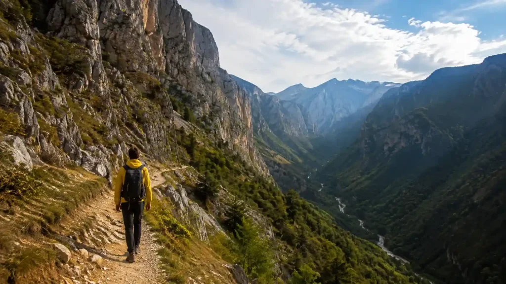 Rugova Canyon Kosovo landscape with mountain cliffs, hiking trail, and adventure traveler near Peja