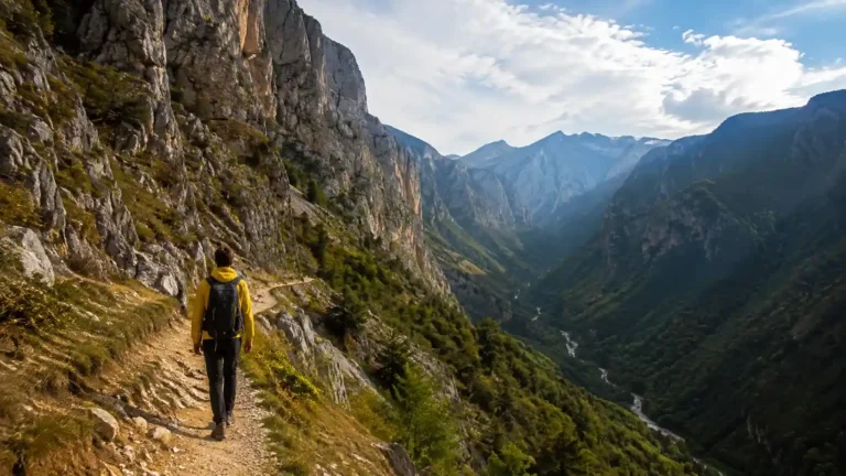 Rugova Canyon Kosovo landscape with mountain cliffs, hiking trail, and adventure traveler near Peja