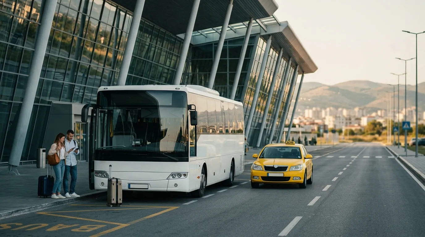 Shuttle bus and taxi outside Tirana International Airport arrivals terminal with travellers and luggage