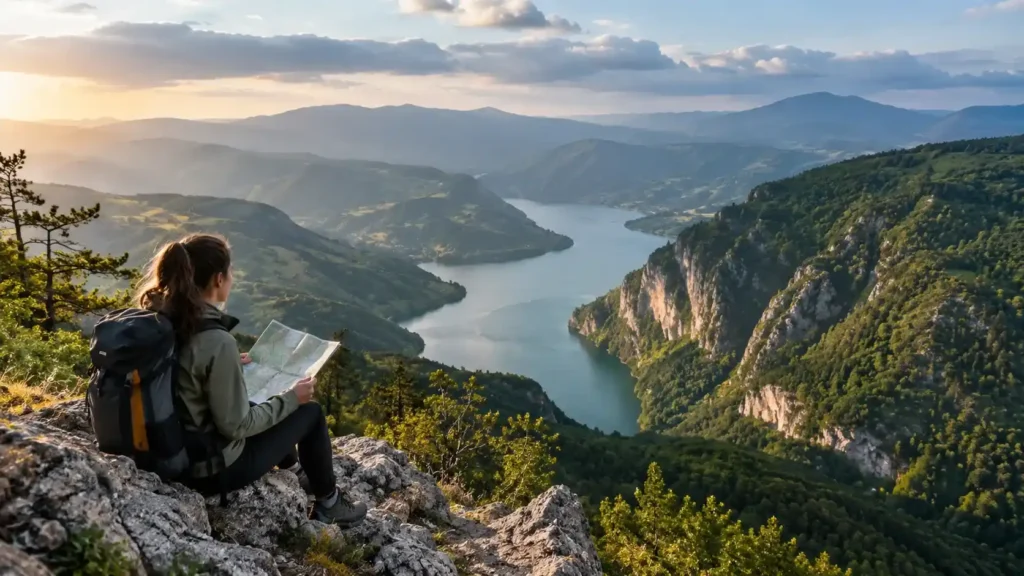 Traveler enjoying Tara National Park Serbia viewpoint overlooking Drina River and Perućac Lake while exploring without a car