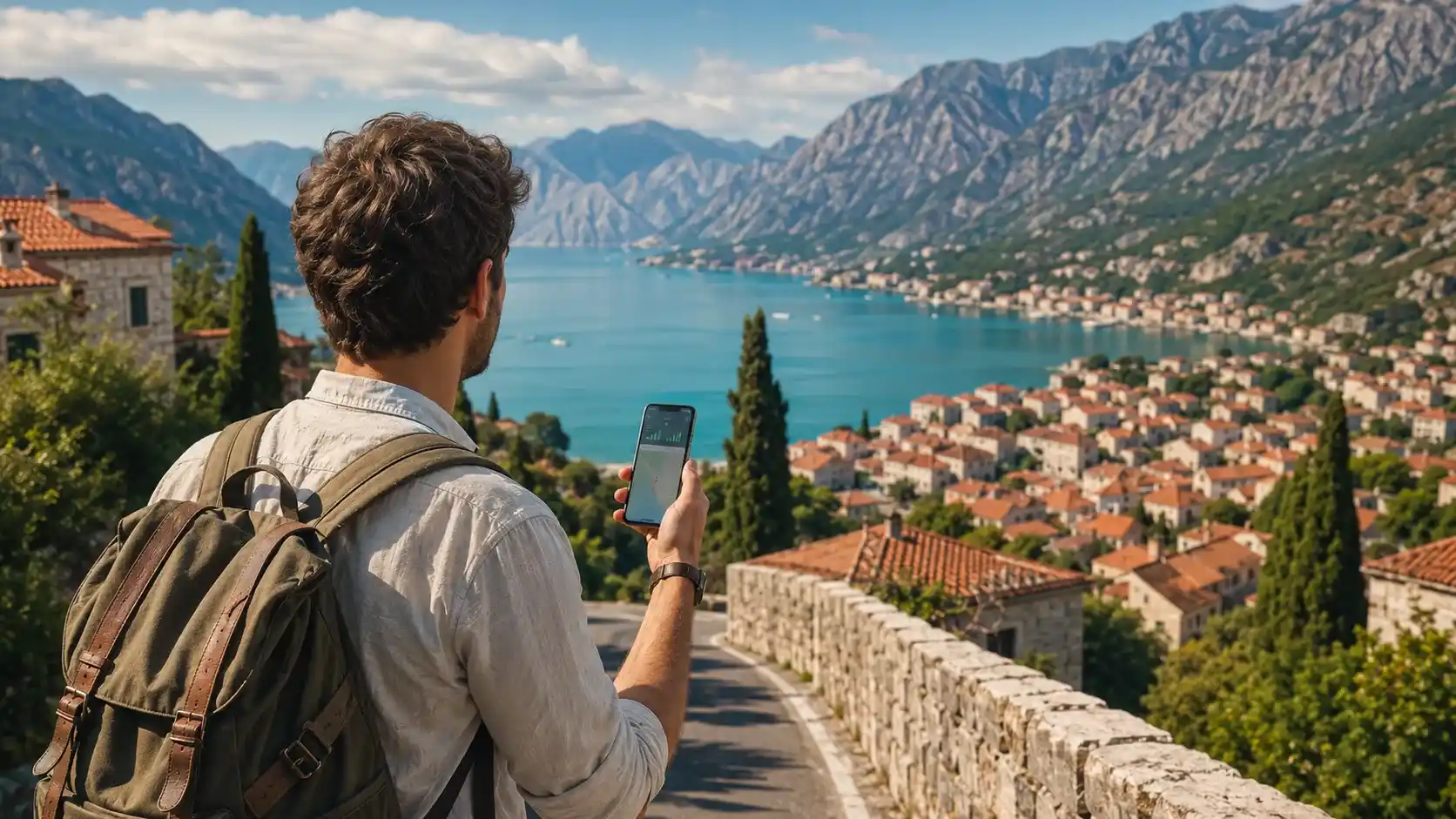 Traveler using an eSIM smartphone while exploring the Balkans
