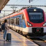 Modern Serbian passenger train at a railway platform for the Belgrade to Novi Sad route