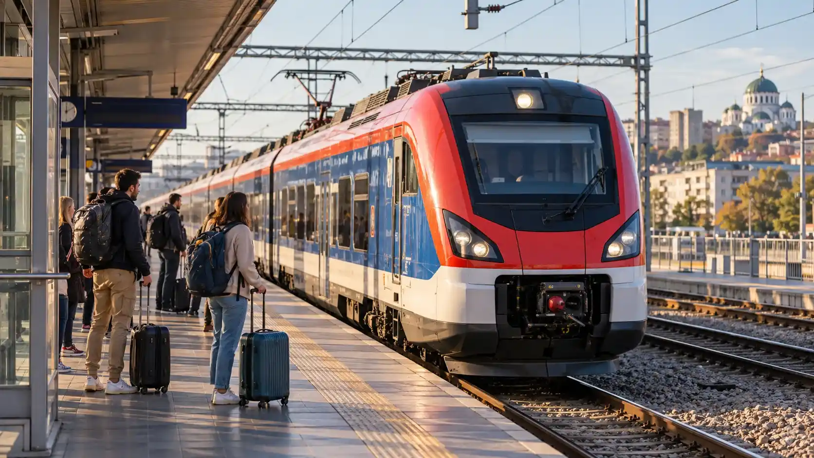 Modern Serbian passenger train at a railway platform for the Belgrade to Novi Sad route