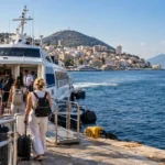 Passenger ferry leaving Saranda, Albania, for Corfu across the Ionian Sea.