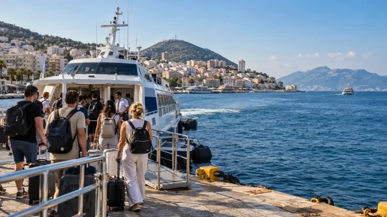 Passenger ferry leaving Saranda, Albania, for Corfu across the Ionian Sea.