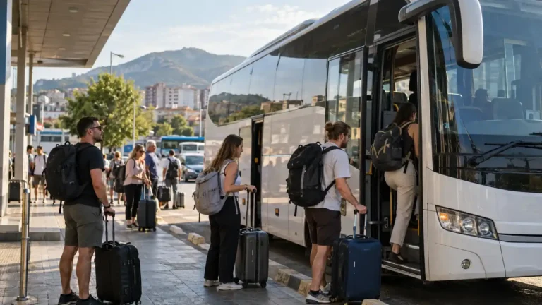 Travelers boarding an intercity bus for the Tirana to Saranda route in Albania.