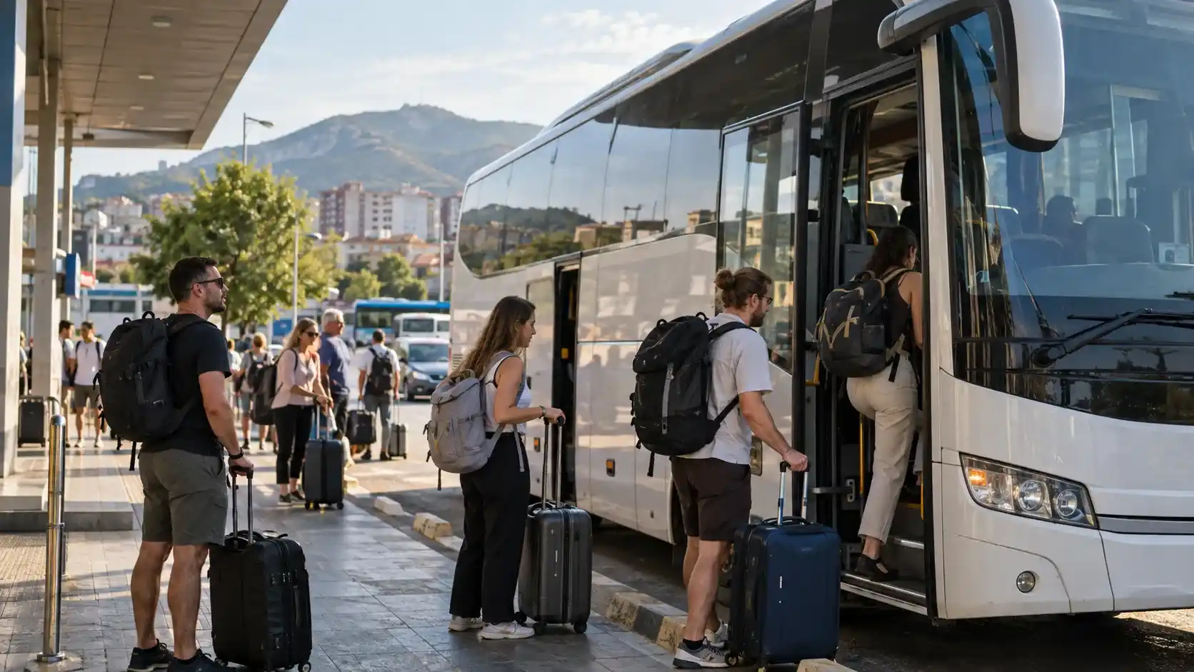 Travelers boarding an intercity bus for the Tirana to Saranda route in Albania.